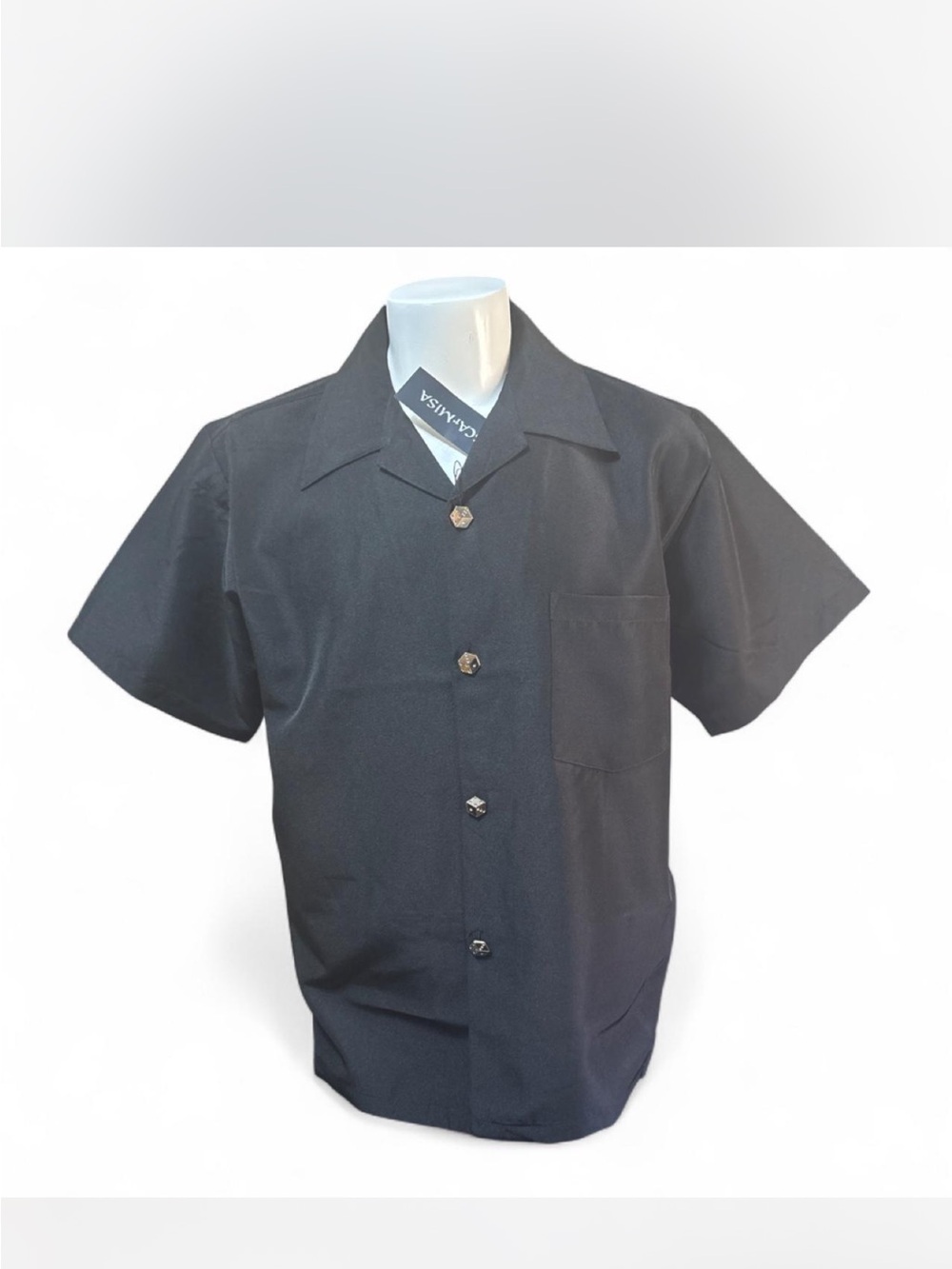 Vintage Black Camp Collar Shirt w/ Dice Buttons | Silky Deadstock | Men's M